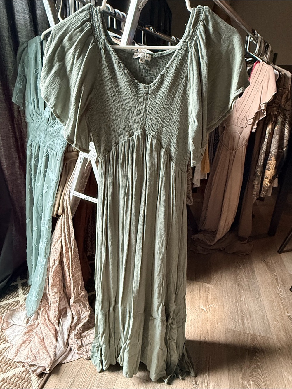 Baltic Born Sage Green Midi Dress with Flutter Sleeves